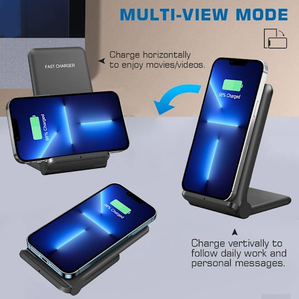 Hopfällbar trådlös laddare, 15W snabb stativ Qi-certifierad för iPhone Samsung Galaxy S22 S21 S20 S10 Airpods Xiaomi Huawei etc