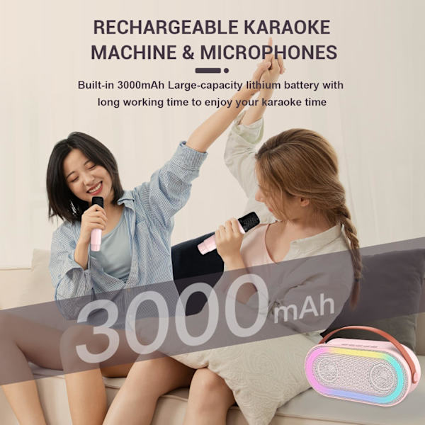 Mini Karaoke-maskine til børn med 2 trådløse mikrofoner, bærbar Bluetooth-højttaler til voksne med stereobas, med LED-lys, familiefest og