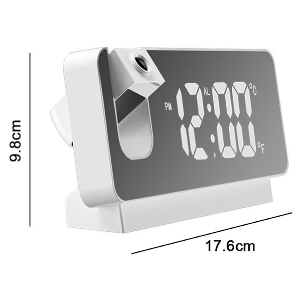 Rumsprojektion för sovrum, digital radio-väckarklocka och USB-laddningsportar, 180° roterande projektor, dubbellarm, snooze, ljus LED-display digi