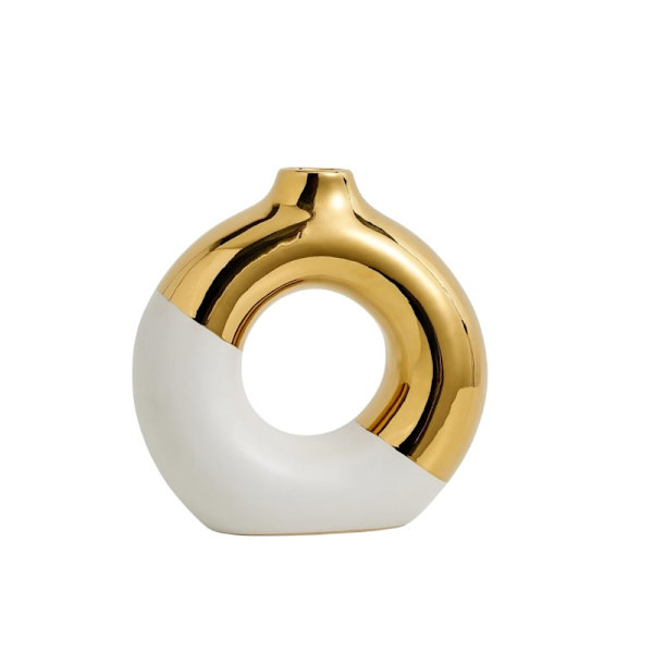 Keramisk Donut Vas 8 L x 8\" H, Vit och Guld Rund Vas för Pampasgräs, Nordisk Modern Vas för Dekor, Keramisk Vas Centerpieces för Bröllop, Bedr