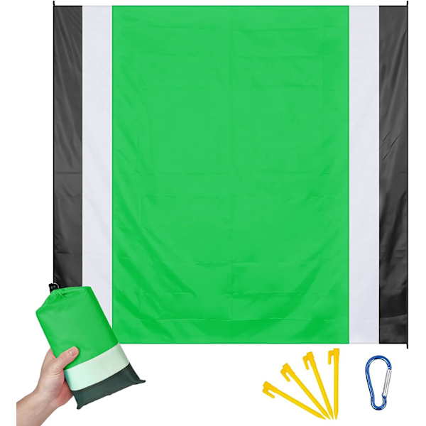 Grønn vanntett strandmatte. 210 x 200 CM Vaskbar piknikmatte med 4 festepinner Bærbar stranddekke for fotturer Strandparkutflukter