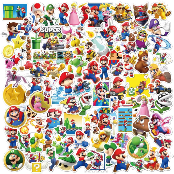 100 stk Mario Bros klistremerke-sett, Super Mario vinyl vanntett klistremerke, klistremerkedekorasjon for sykkel, skateboard, snowboard, bagasje, bærbar PC, iPad og