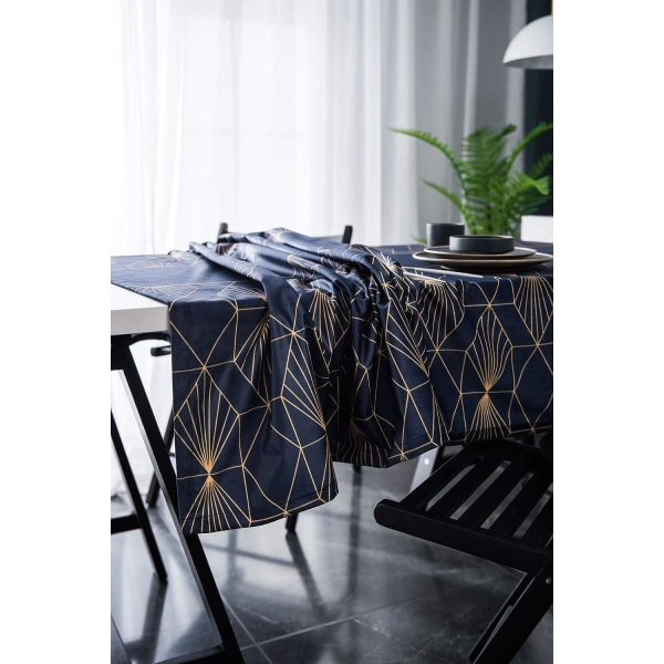 Blå rektangulær fløyelsduk, gullgrafisk trykk polyesterduk Restaurantduk, juleduk, 140x200cm