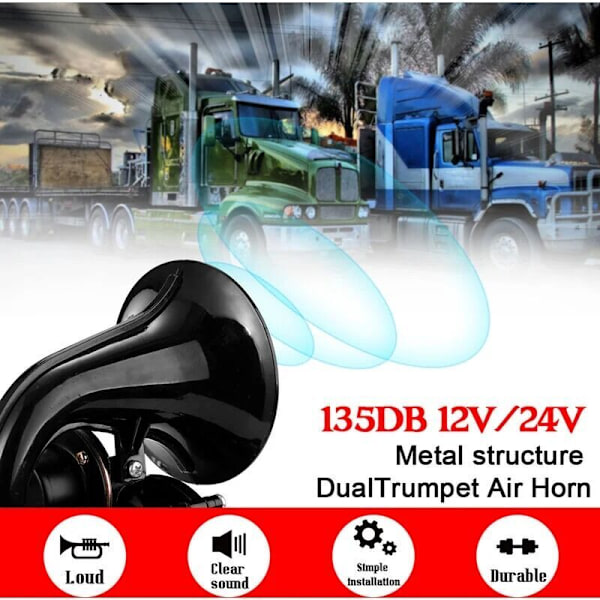135dB Starkt Horn 12/24V Lastbil Superhögt Trumpet Signalhorn med Elektrisk Ventil Platt Bil Fordon Lastbilar - Le Noir