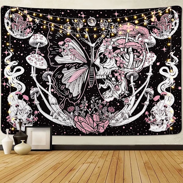 Skull Butterfly Gobelin Hippie Svampe Vægophæng Æstetisk Møl Gobelin Måne og Stjerner Værelse Dekoration Soveværelse Stue College 200*150 cm