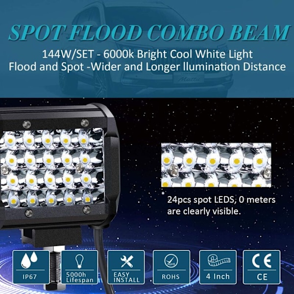12V 144W 4'' LED Arbeidslys - IP67 Vanntett LED Spotlys for Bil Lastebil Traktor SUV Båt - Spot Flood LED Tåkelys 10 500lm (2 STK)
