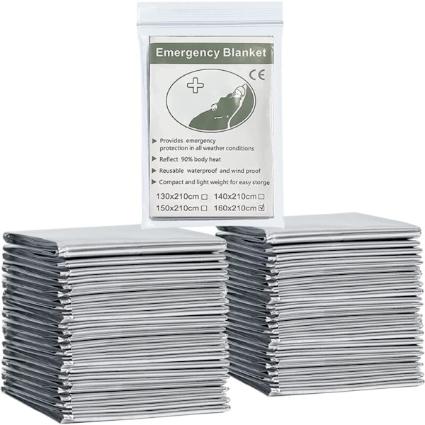 14-pack Nödfiltar i Folie, 160 cm x 210 cm, Mylar Nödtermisk Filt, Högreflekterande Silverfolie Överlevnadsfiltar för Utomhuscamping