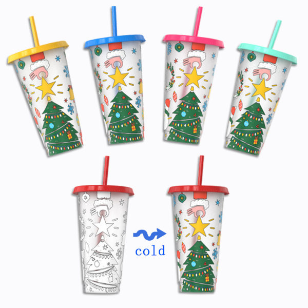 Fargeskiftende kopp  Plastjulekopper Gjenbrukbare reistumbler med lokk og sugerør Iskoffekopp Kaldtvannsdrikk Skift kopper, 710 ml (blå)