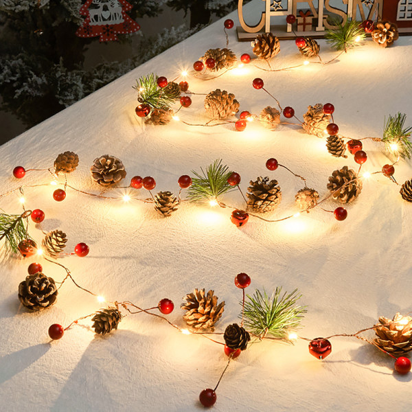 Julkrans med ljusslingor 78 tum 30 LED tallkotte röda bärgarlandlampor för hem- och manteldekoration, julgransdekoration