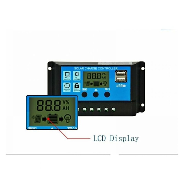 PWM aurinkopaneelin lataussäädin, 12 V / 24 V, 30 A, LCD-näyttö, kaksois-USB-portti