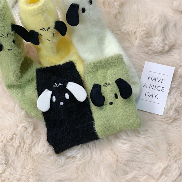 Dam 5 par söta tecknade djur hundöron forma fluffiga plysch sovande pyjamas golvstrumpor - Svart