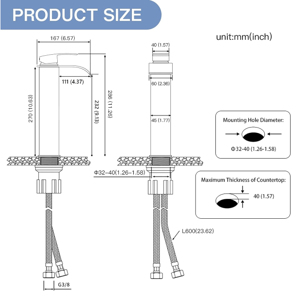 Modern hög vattenfallsblandare, elegant design badrumskran, hög enkelgreppsblandare i mässing, varm och kallt vatten tillgängligt, krom W