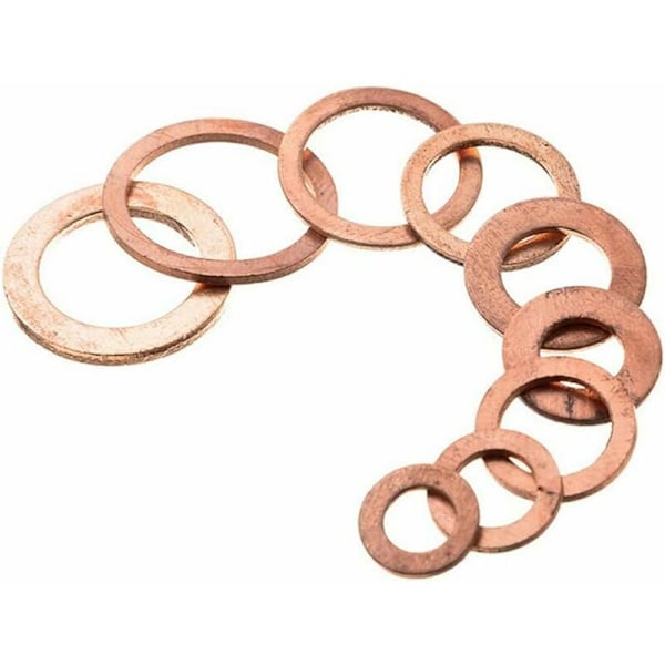 200 stk Metall Kobber Flate Ringer Sortiment av metallringer flate kjøkkensett i kobber ideell for dreneringsplugger vann drivstoff og hydrauliske koblinger