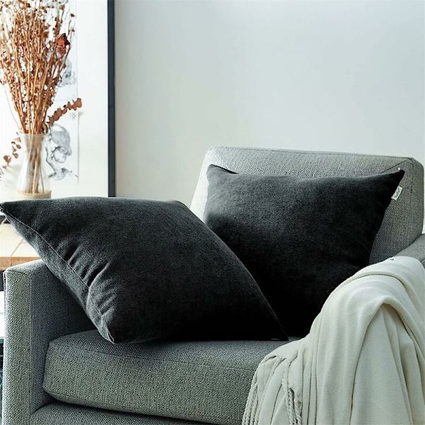 Set med 2 putetrekk 45x45cm Dekorativ Chenille Sofa Dekorative Putetrekk for Soverom Firkant Ensfarget for Stol, Bil, Kontor, Svart