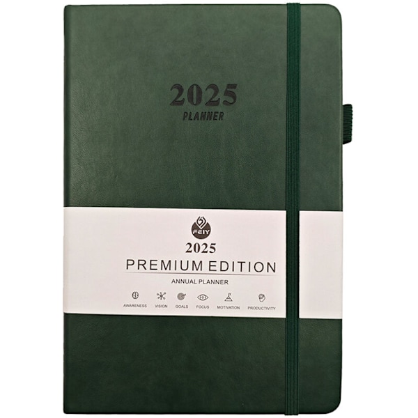 Agenda 2025 - Daglig agenda, veckovis och månadsvis med styv täckning, daglig tidtabell, månadsvisa flikar, tjockt papper 100 g/m², Läderomslag