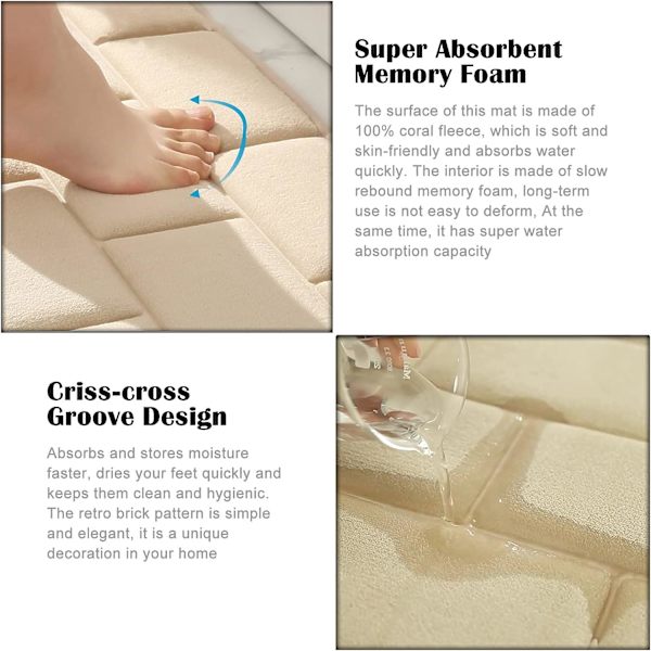 Bademåtte 50 x 80cm Superabsorberende Memory Foam Bademåtte Maskinvaskbar Bademåtte til Køkken Badeværelse Indgang Beige