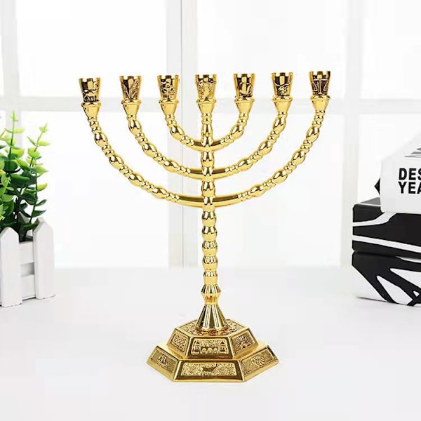 16x13cm-Native Spirit 7-armet Menorah David Lysekrone Lysekroner Lysekrone Messingfarvet Lysekrone Lampe: Menorah Antik Gyldent Tempel i Jerusalem