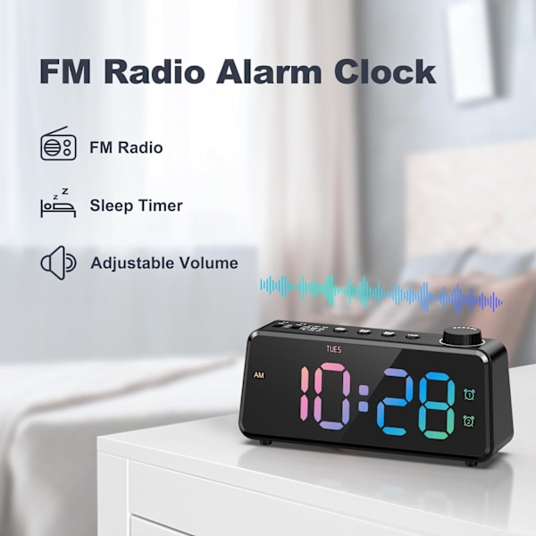 Sovrum Digital FM Radio Väckarklocka, 0-100% Justerbar Ljusstyrka, Liten Skrivbordsklocka med USB-laddningsport