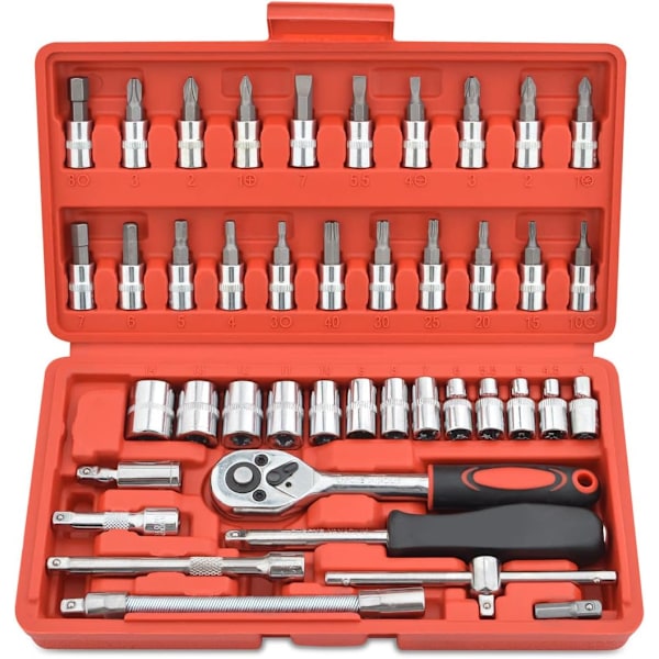 46-delt 1/4\" skraldenøkkelsett med bits og metriske forlengelsesstenger med reversibel skralle for bil, sykkel og motor