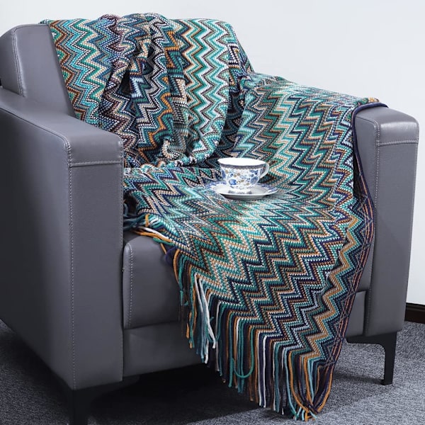 130 * 180 cm, 1 blåt stribet plys boheme strikket tæppe med dekorative frynser, bløde og varme tern, lille plaid