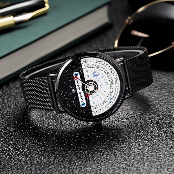 Herre Unik Fashion Stjerne Måne Koncept Quartz Analog Ur Kreativ Halv Roulette Tidsvisning Ur Rustfrit Stål Mesh Bælte Ur(sølv)