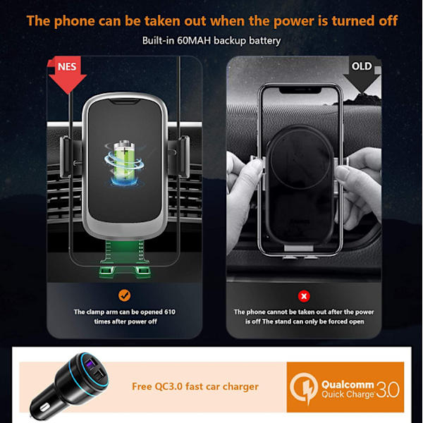 15W induktionsbiloplader, [automatisk fastspænding], telefonholder hurtig trådløs bilopladerholder luftventilationsklemme + sugekop + QC3.0