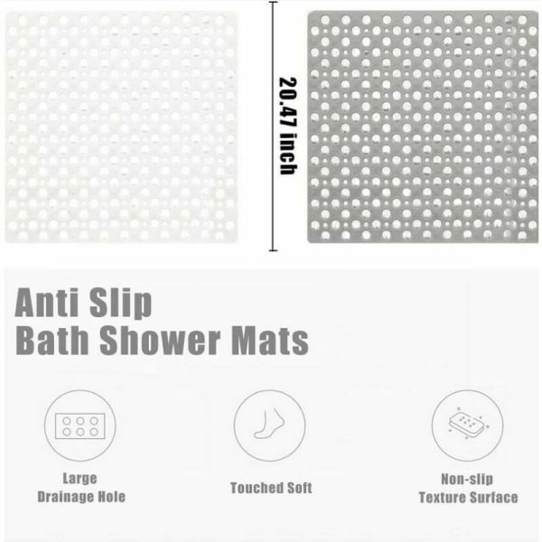 Firkantet anti-mugg dusjmatte i ett stykke, sklisikre gummibadematte med dreneringshull, maskinvaskbar, Grå-70 70 cm