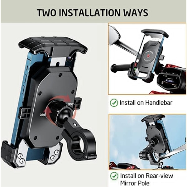 Motorcykel telefonholder, cykel mobiltelefonholder, styrtelefonholder med 360° rotation til smartphones fra 3,5\" til 6,8\".