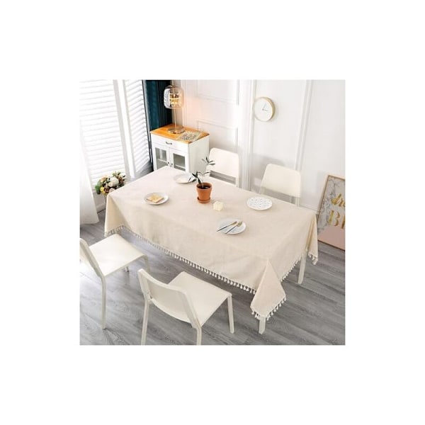 (1400 × 2200 × 5) Beige rektangulær duk, flekkbestandig, med dusker, vaskbar i bomull og lin med eikenøtter, bordlin for bursdag, bryllup, kaffe