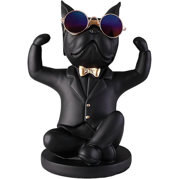 Fransk Bulldog Figur med Rostfritt Stålbricka, Borddekoration Dekorationsskulptur, Nyckelskål Staty Smådelar, Behållare