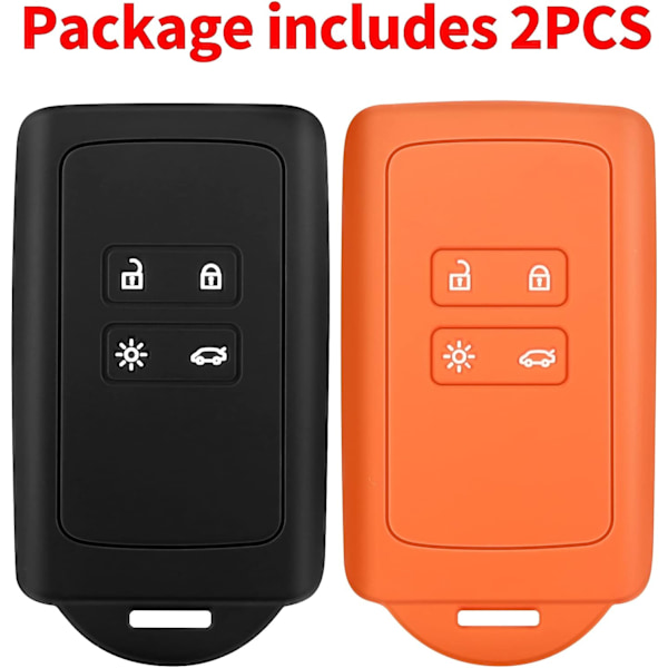 2 Renault Bilnøgle Tilbehør (Sort + Orange), Kompatibel med Renault Smart Key 4 Nøgler, Blødt Silikone Cover med Nøglering - til Clio/Espace 5 / Ma