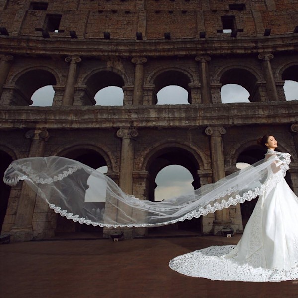 Brude Slør med Blondekanter Bølge Bryllupsslør 5 Meter Lang Elegant Smuk Hvid Brude Slør Bryllup Tilbehør Prinsesse Tulle Katedral Ceremoni
