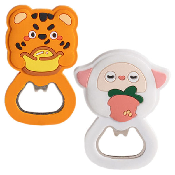 2-pack Cartoon Cap-öppnare Soda Can-öppnare Flask Cap Catcher Dryckesflasköppnare Kylskåp Silikon Rostfritt Stål Magnetisk Flasköppnare