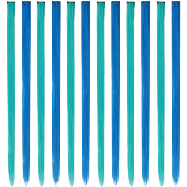 Värilliset hiustenpidennykset, siniset hiustenpidennykset 12 kpl luonnollinen synteettinen värillinen hius pitkä suorat hiustenpidennykset naisille tytölle 55cm