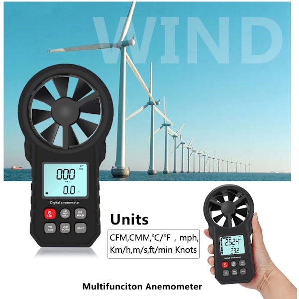 Bærbar anemometer, bærbar vindhastighedsmåler, CFM-tæller, vindmåler med LCD-baggrundsbelysning til meteorologisk dataindsamling, sejlads, surfing, udendørs