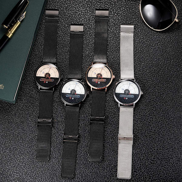 Herre Unik Fashion Stjerne Måne Koncept Quartz Analog Ur Kreativ Halv Roulette Tidsvisning Ur Rustfrit Stål Mesh Bælte Ur(sølv)