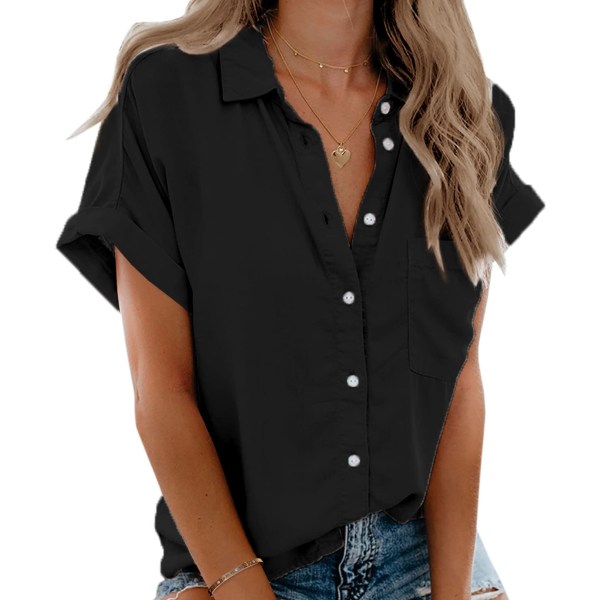 Kortærmede skjorter til kvinder V-hals-krave Button-down-skjorteoverdele med lommer（L Sort）