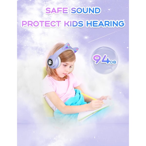 Bluetooth-hodetelefoner for barn med HD-mikrofon/LED-lys (lilla),