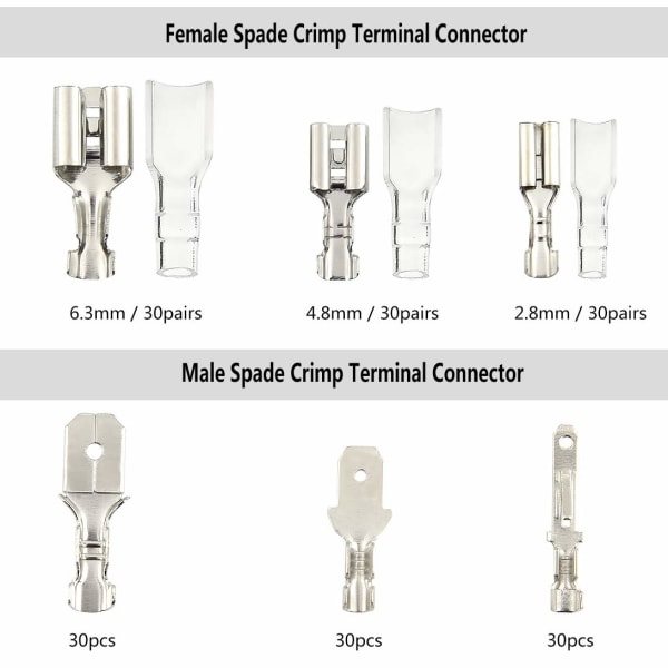 270 stk. elektriske stik, T-stik ledningsforbindelser, han- og hunstik spade ledningsforbindelser crimp terminalblok med isoleringsmuffe 2,8 mm 4,8 mm