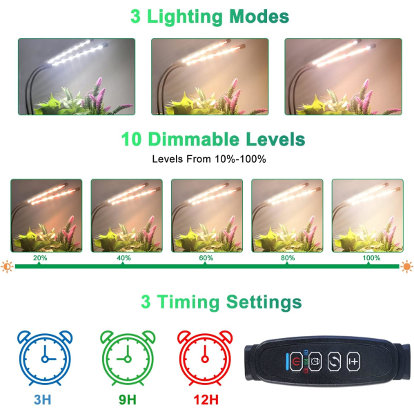 2 stk. plantelampe (uden adapter), fuldspektrumlys, 3000K 5000K 660nm til indendørs planter med 3/9/12H timer, 10 lysstyrker, 3 tilstande, ideel til små planter