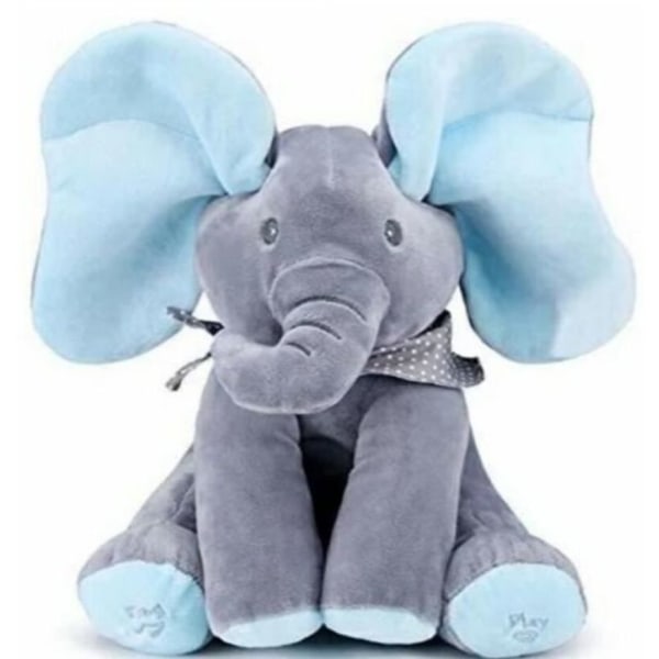 Peek-a-boo elektrisk sjungande elefant plyschleksak Söt interaktiv leksak för barn, lek kurragömma i grått och blått