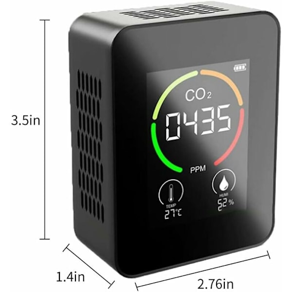 CO2-detektor, koldioxid CO2-monitor, LED-display, luftkvalitet temperatur- och fuktighetsmonitor för hem, kontor, gym, bil (TVOC-sensor-svart)