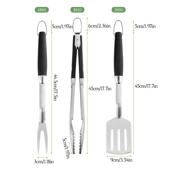 3-delt BBQ-sett i rustfritt stål - BBQ-gaffel, -tang og -spade - Bærbar, multifunksjonell BBQ-verktøy - Kjøkkenverktøy
