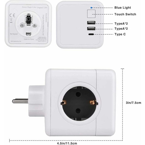 Monipuolinen USB-pistorasia, kuution muotoinen seinäpistorasia 4 pistorasialla ja 2 USB-liitännällä, 1 Type-C-virtalähteellä, 7-in-1 USB-pistorasia kytkimellä, USB-seinäpistorasia