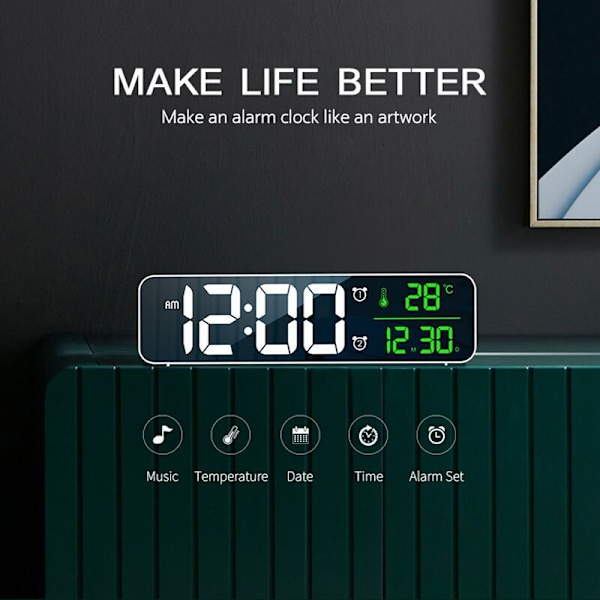 Digital väckarklocka, Väggklocka Väckning morgon LED Digital Spegel Stor Skärm med Datum temperatur, ett rum