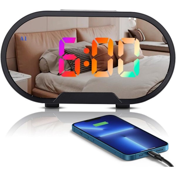 LED Digital Väckarklocka, 5,5 tum Stor Display, Spegelyta, Elektriska Väckarklockor för Smink med Dimningsläge, Justerbar Alarmvolym, Dubbel USB