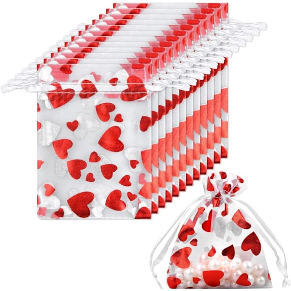 50 stk. 8x10cm Organza gaveposer, lille smykkepose med hjertemønster, gaveposer med snøre, organzalommer til chokolade perle bryllup