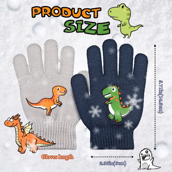 2 par stickade vinterhandskar magisk stretch mjuk varm full finger barn dinosauriemönster för pojkar flickor, marinblå och grå, 6 x 3,34 tum