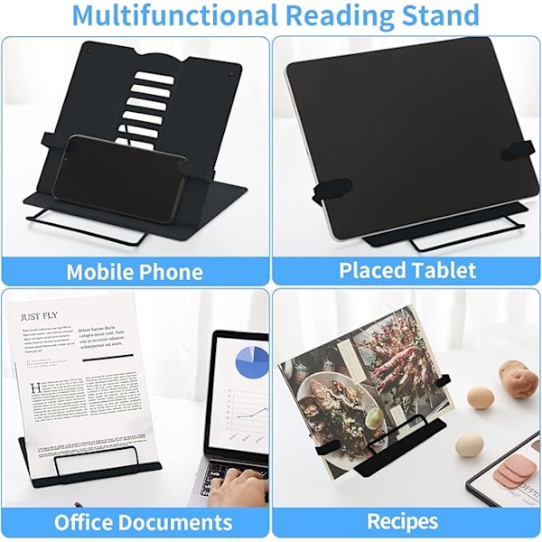 Metalliskt Läsställ, Bärbart Bokställ, Köksmultifunktionellt Bokhållare, 6 Justerbara Vinklar, Lämplig för Böcker, Surfplattor, Recept, iPad, Läroböcker