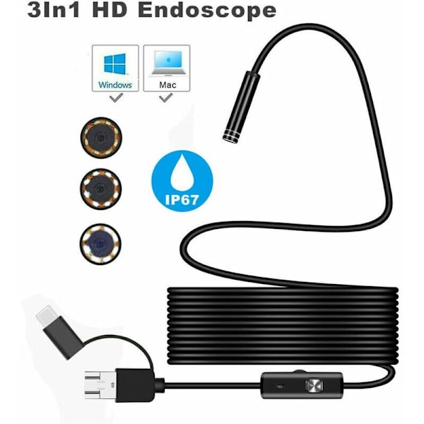 3In1 Android USB Type-C Endoskooppi Tarkastus 7mm Kamera 6 LED HD Vedenpitävä